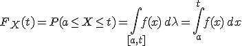 F_X(t)=P(a \leq X \leq t) = \int_{[a,t]}f(x) \, d\lambda = \int_a^tf(x)\, dx